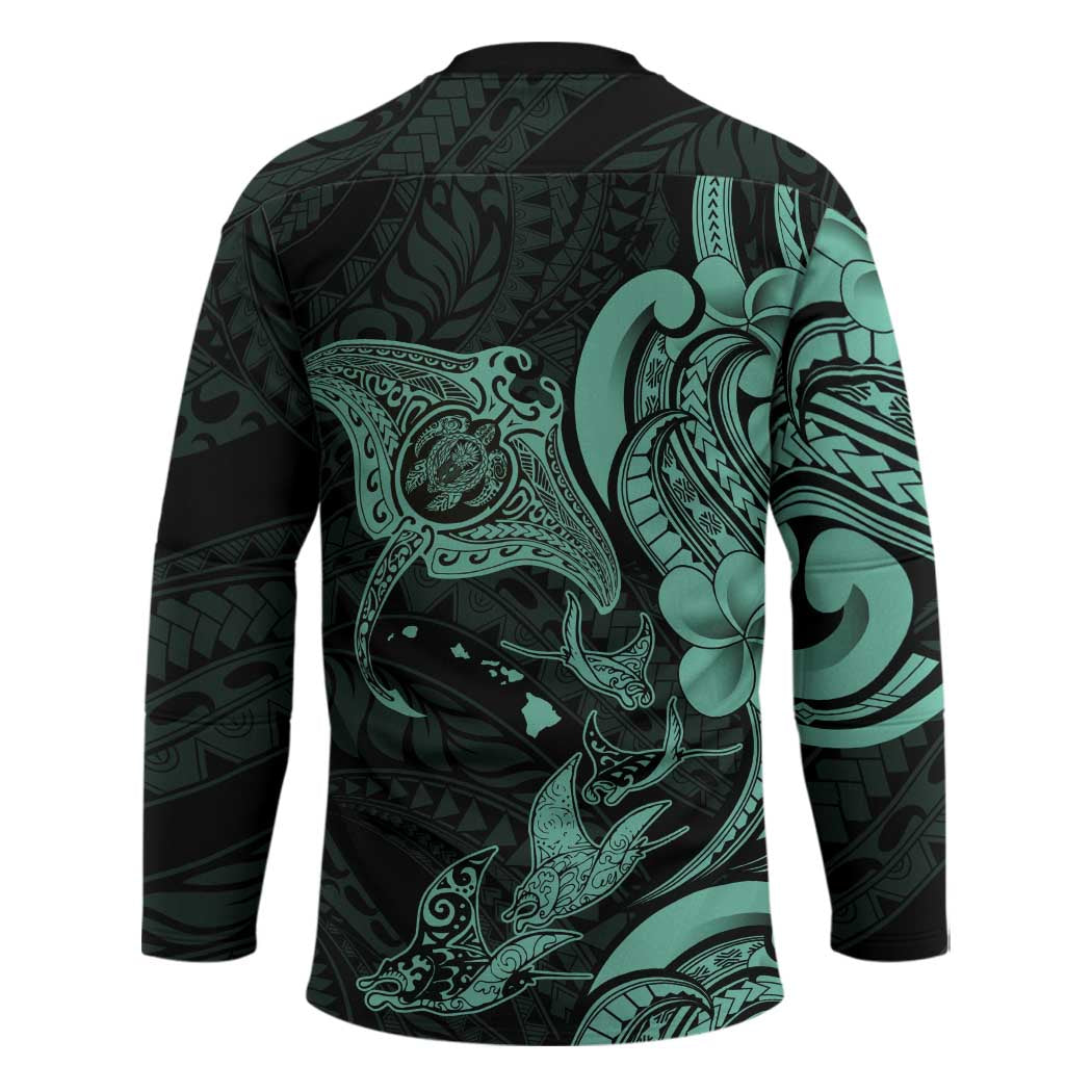 Hawaiian Manta Rays Hockey Jersey Tribal Hibiscus Polynesian Tattoos Turquoise Color - Polynesian Pride