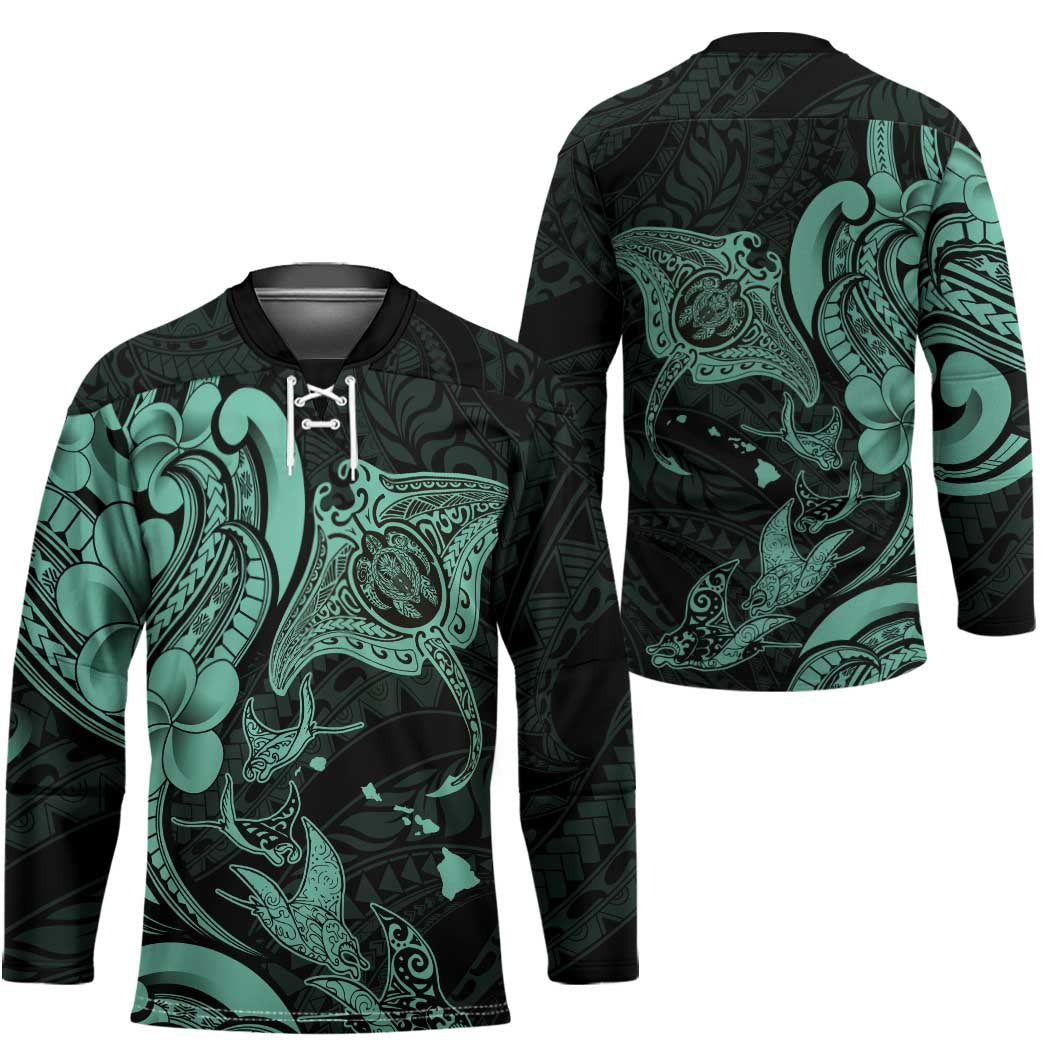 Hawaiian Manta Rays Hockey Jersey Tribal Hibiscus Polynesian Tattoos Turquoise Color - Polynesian Pride