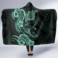 Hawaiian Manta Rays Hooded Blanket Tribal Hibiscus Polynesian Tattoos Turquoise Color - Polynesian Pride