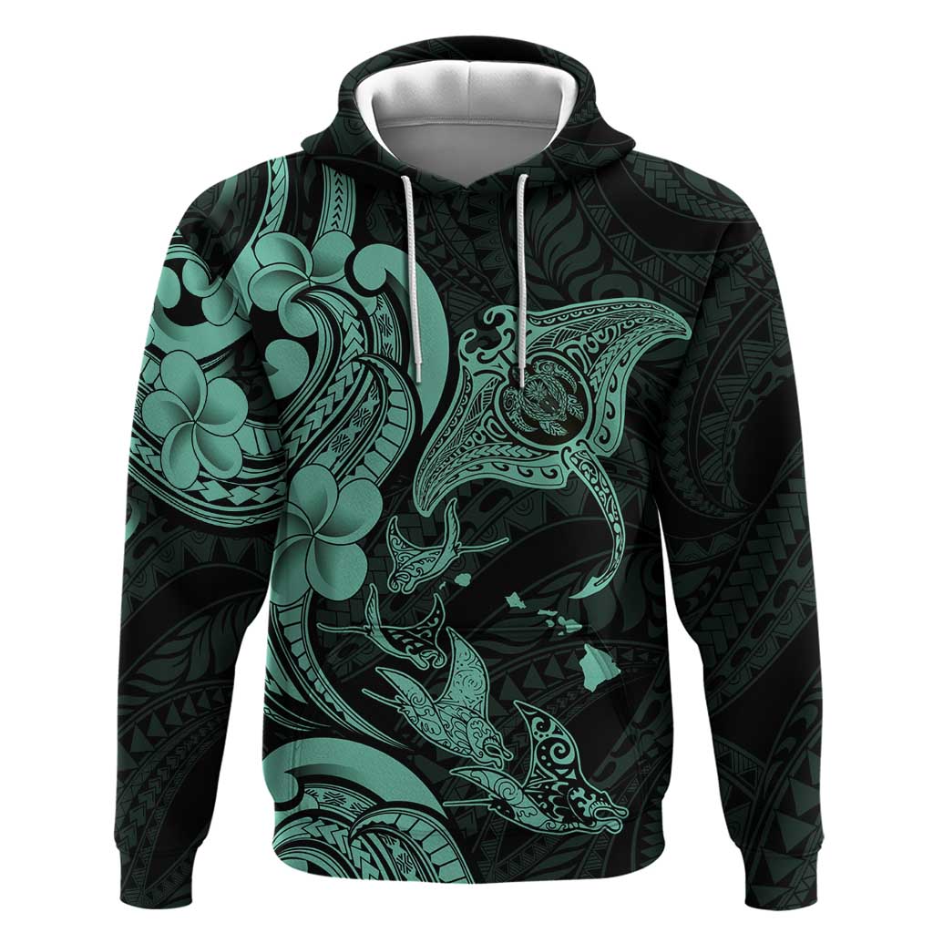 Hawaiian Manta Rays Hoodie Tribal Hibiscus Polynesian Tattoos Turquoise Color - Polynesian Pride