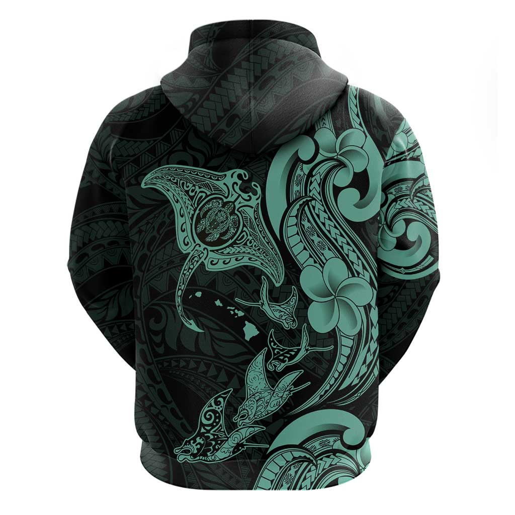 Hawaiian Manta Rays Hoodie Tribal Hibiscus Polynesian Tattoos Turquoise Color - Polynesian Pride