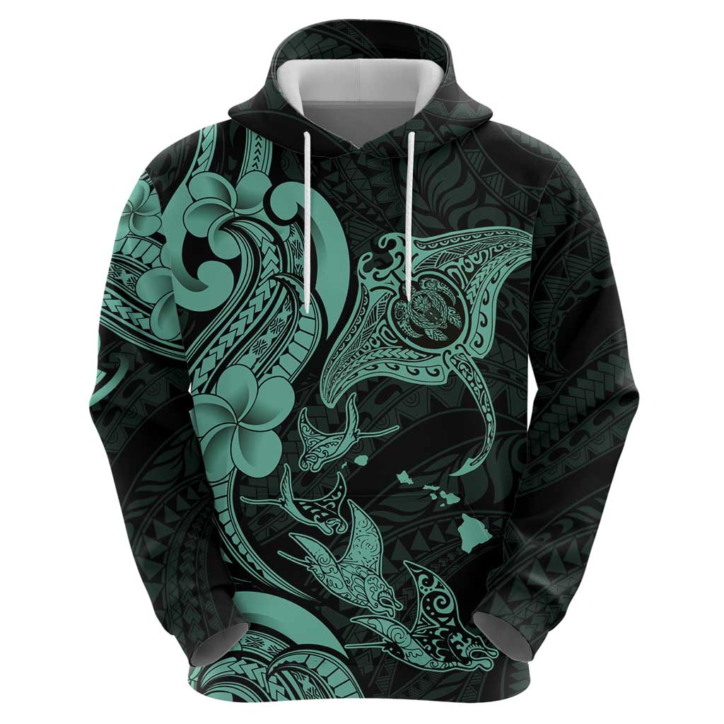 Hawaiian Manta Rays Hoodie Tribal Hibiscus Polynesian Tattoos Turquoise Color - Polynesian Pride