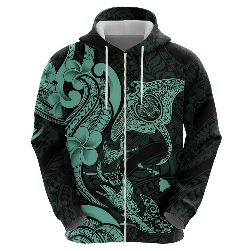 Hawaiian Manta Rays Hoodie Tribal Hibiscus Polynesian Tattoos Turquoise Color - Polynesian Pride