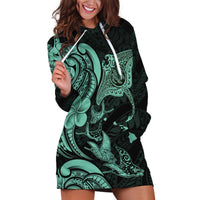Hawaiian Manta Rays Hoodie Dress Tribal Hibiscus Polynesian Tattoos Turquoise Color - Polynesian Pride
