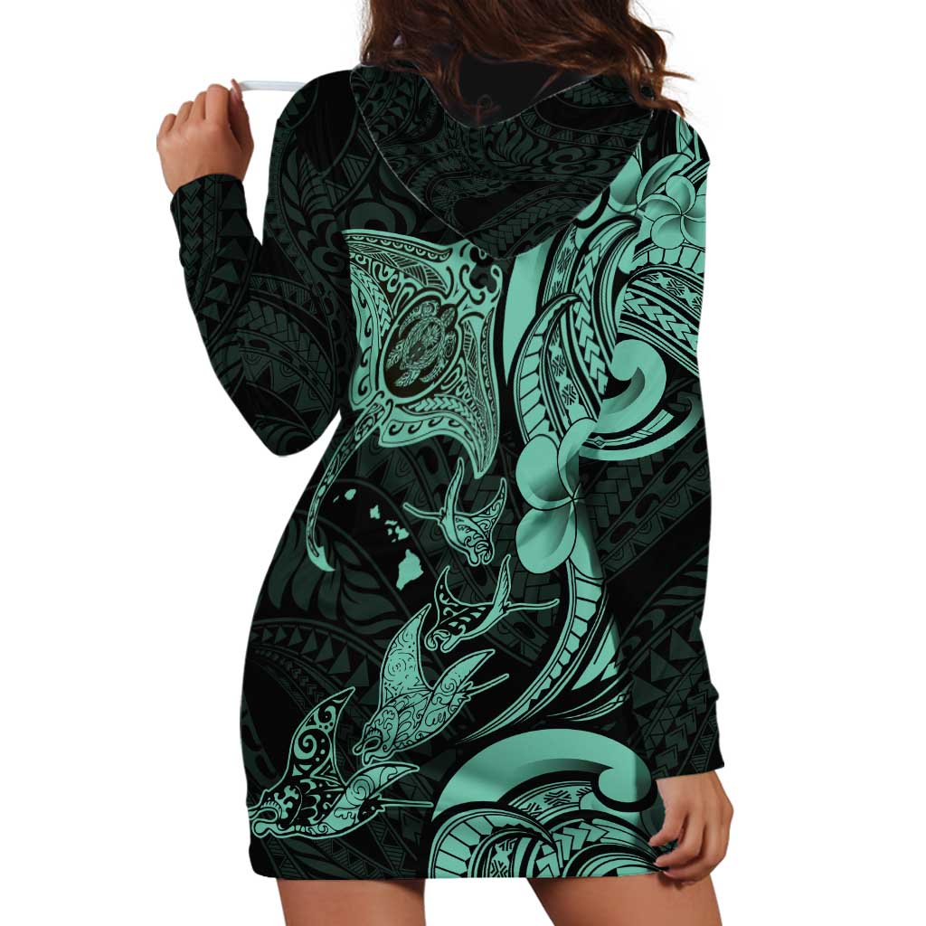 Hawaiian Manta Rays Hoodie Dress Tribal Hibiscus Polynesian Tattoos Turquoise Color - Polynesian Pride