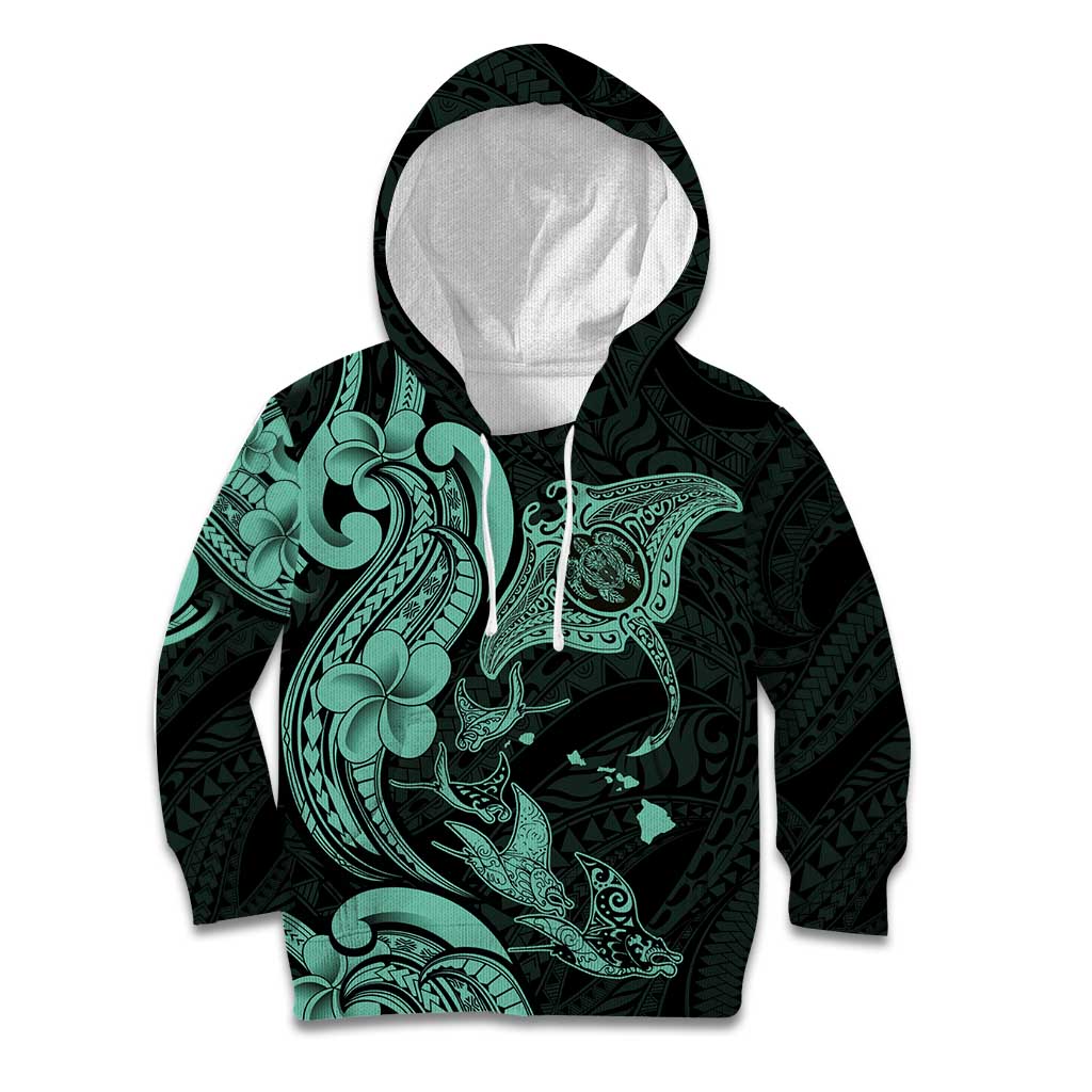 Hawaiian Manta Rays Kid Hoodie Tribal Hibiscus Polynesian Tattoos Turquoise Color - Polynesian Pride
