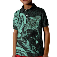 Hawaiian Manta Rays Kid Polo Shirt Tribal Hibiscus Polynesian Tattoos Turquoise Color - Polynesian Pride
