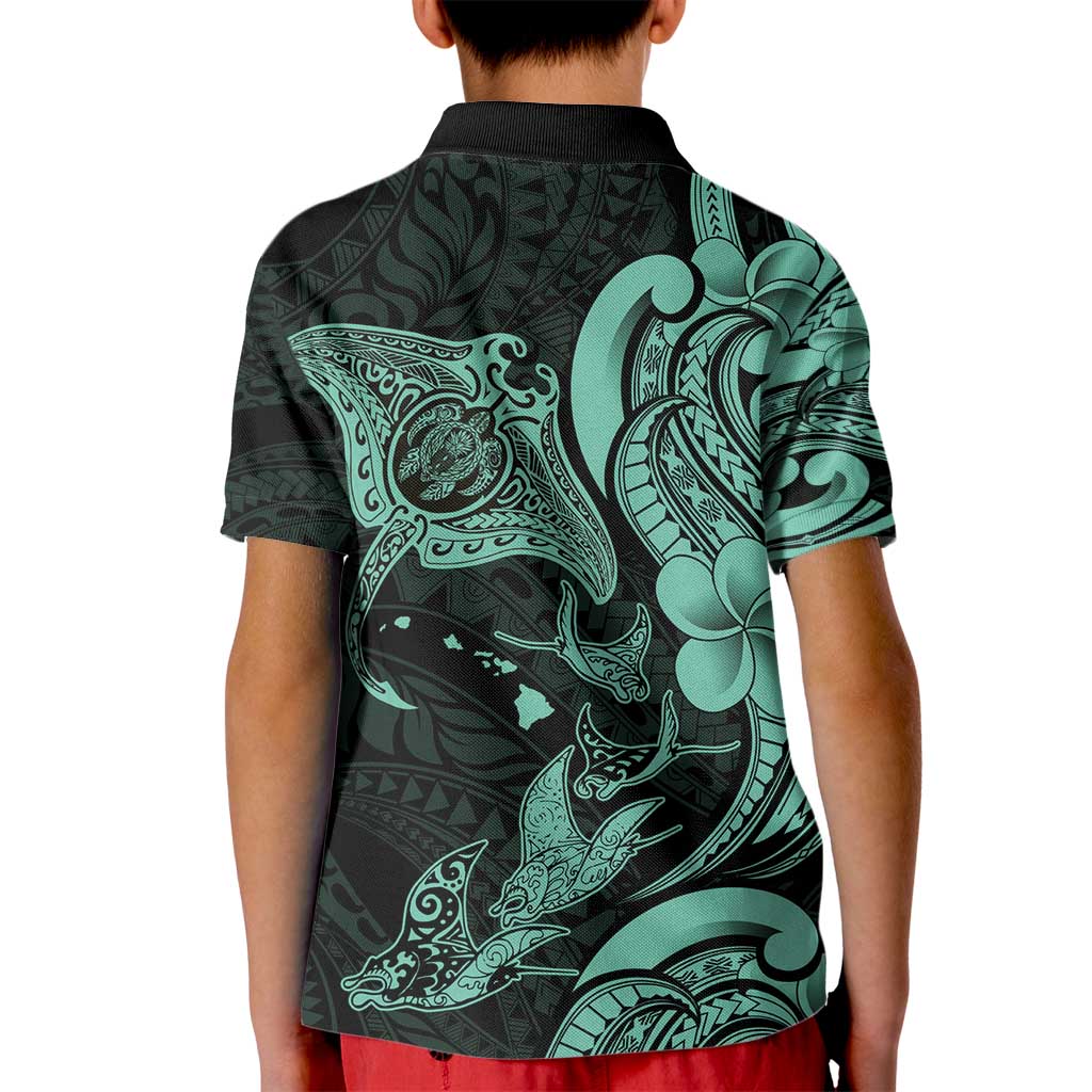 Hawaiian Manta Rays Kid Polo Shirt Tribal Hibiscus Polynesian Tattoos Turquoise Color - Polynesian Pride