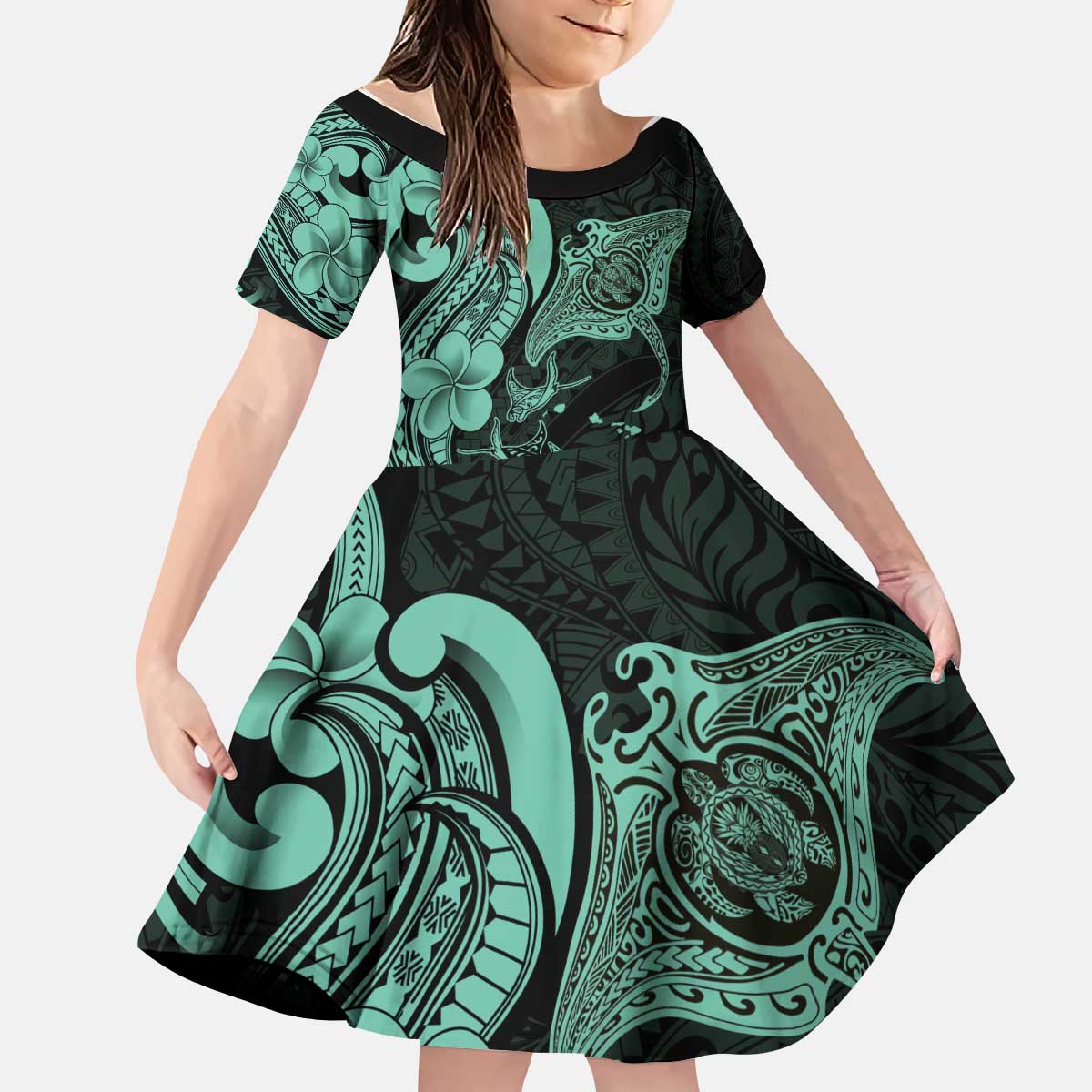 Hawaiian Manta Rays Kid Short Sleeve Dress Tribal Hibiscus Polynesian Tattoos Turquoise Color - Polynesian Pride