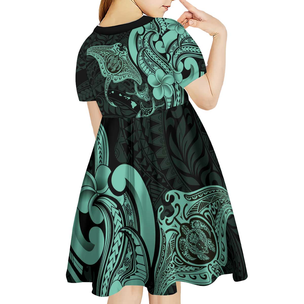 Hawaiian Manta Rays Kid Short Sleeve Dress Tribal Hibiscus Polynesian Tattoos Turquoise Color - Polynesian Pride
