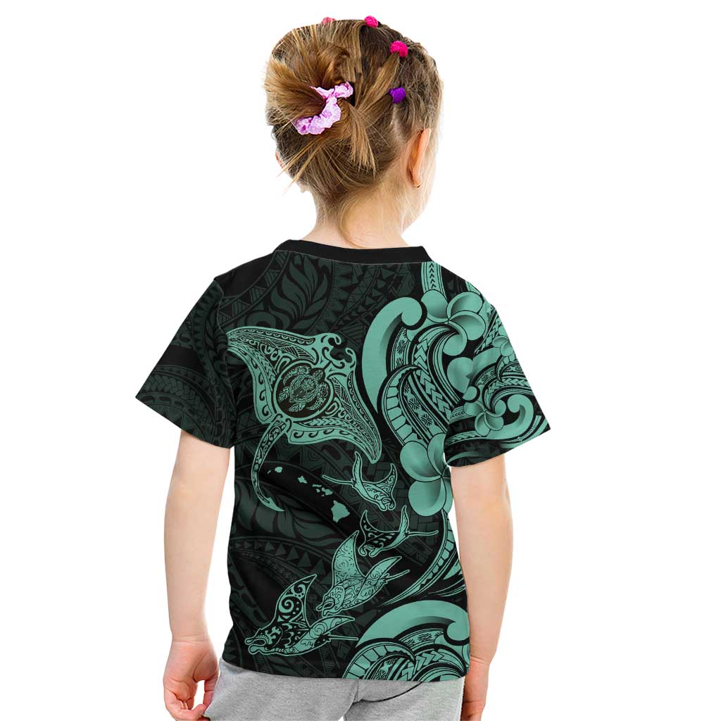 Hawaiian Manta Rays Kid T Shirt Tribal Hibiscus Polynesian Tattoos Turquoise Color - Polynesian Pride