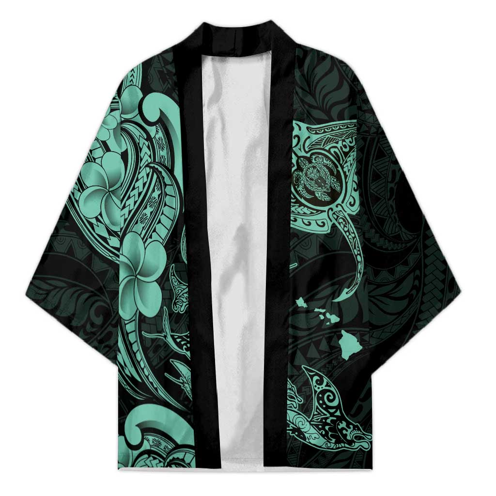 Hawaiian Manta Rays Kimono Tribal Hibiscus Polynesian Tattoos Turquoise Color LT03 Unisex Turquoise - Polynesian Pride