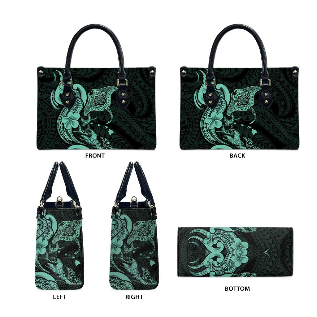 Hawaiian Manta Rays Leather Bag Tribal Hibiscus Polynesian Tattoos Turquoise Color - Polynesian Pride