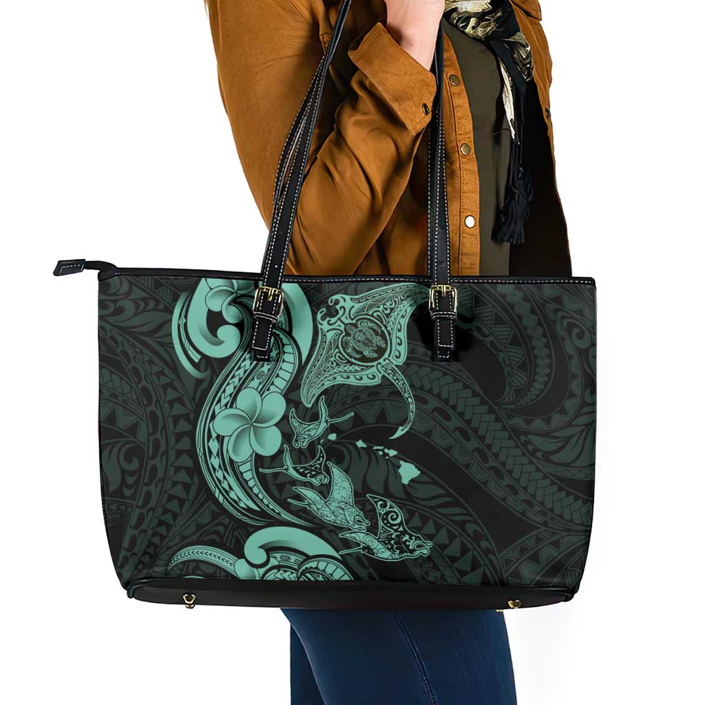 Hawaiian Manta Rays Leather Tote Bag Tribal Hibiscus Polynesian Tattoos Turquoise Color - Polynesian Pride