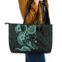 Hawaiian Manta Rays Leather Tote Bag Tribal Hibiscus Polynesian Tattoos Turquoise Color - Polynesian Pride