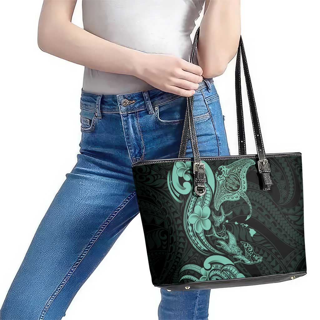 Hawaiian Manta Rays Leather Tote Bag Tribal Hibiscus Polynesian Tattoos Turquoise Color - Polynesian Pride