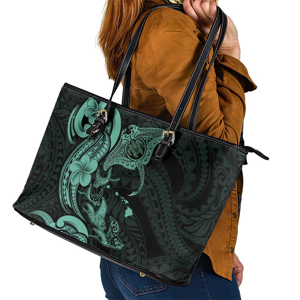 Hawaiian Manta Rays Leather Tote Bag Tribal Hibiscus Polynesian Tattoos Turquoise Color - Polynesian Pride