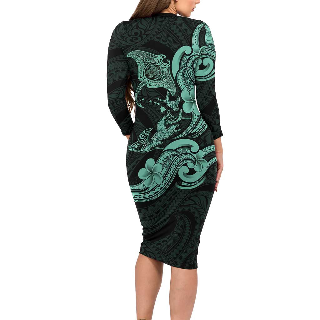 Hawaiian Manta Rays Long Sleeve Bodycon Dress Tribal Hibiscus Polynesian Tattoos Turquoise Color - Polynesian Pride