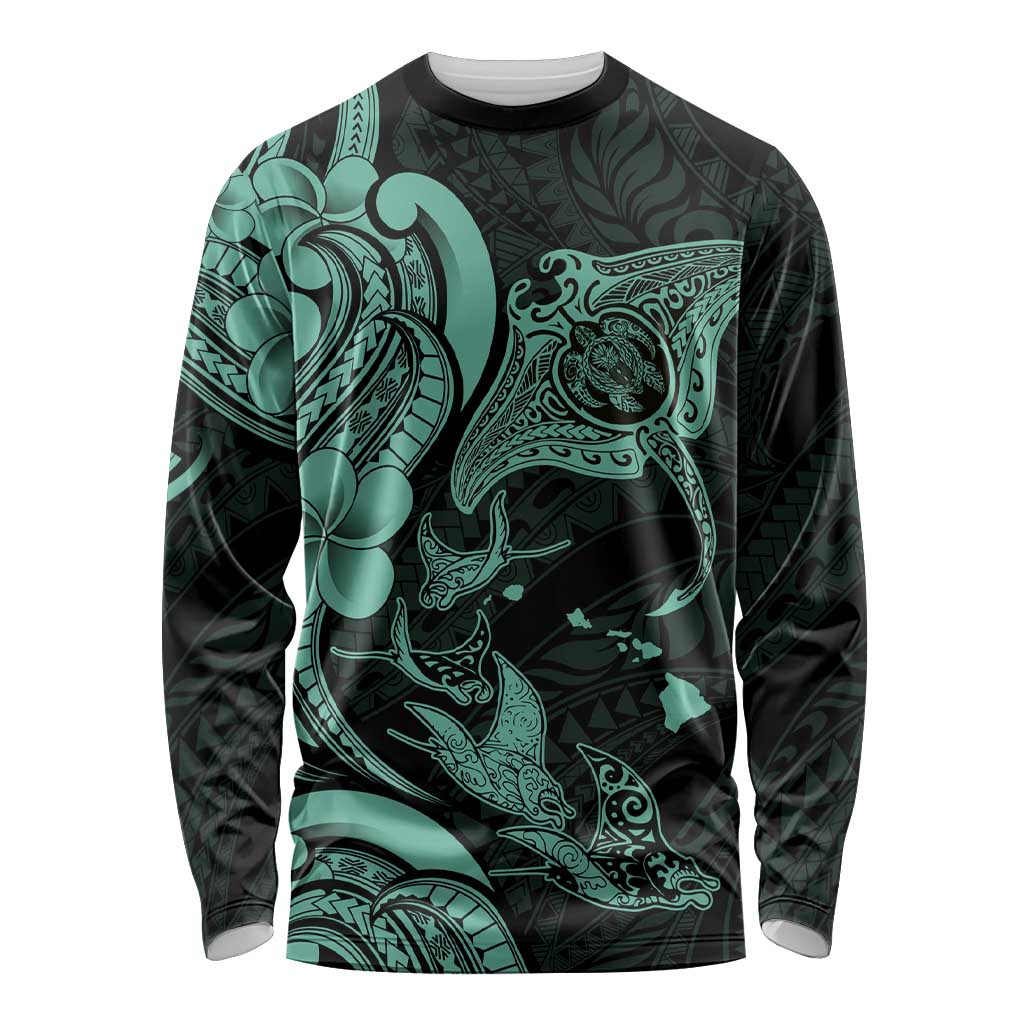 Hawaiian Manta Rays Long Sleeve Shirt Tribal Hibiscus Polynesian Tattoos Turquoise Color LT03 Unisex Turquoise - Polynesian Pride