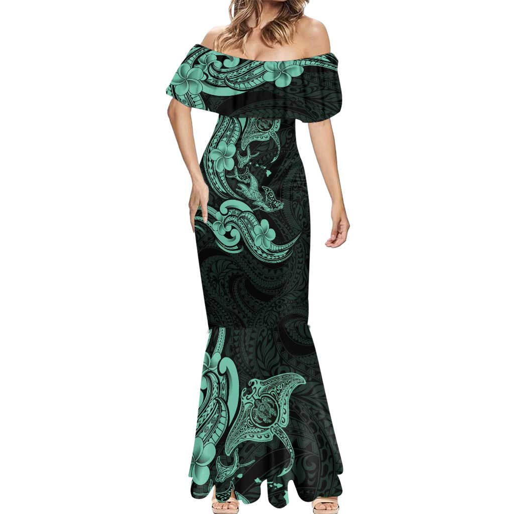 Hawaiian Manta Rays Mermaid Dress Tribal Hibiscus Polynesian Tattoos Turquoise Color - Polynesian Pride