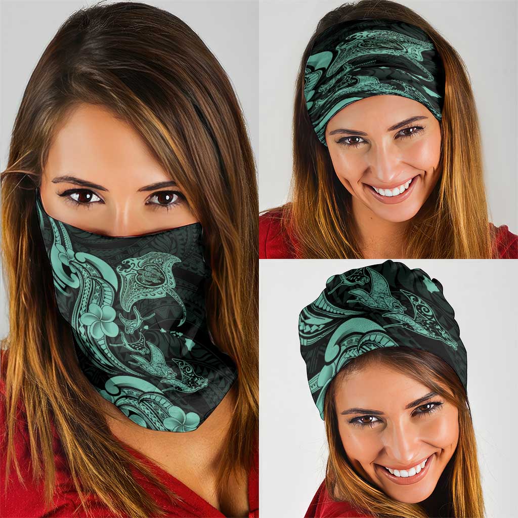 Hawaiian Manta Rays Neck Gaiter Tribal Hibiscus Polynesian Tattoos Turquoise Color - Polynesian Pride