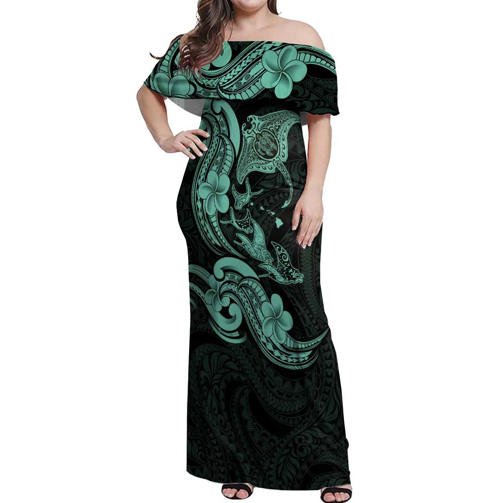 Hawaiian Manta Rays Off Shoulder Maxi Dress Tribal Hibiscus Polynesian Tattoos Turquoise Color - Polynesian Pride