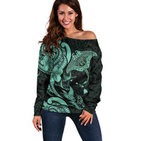 Hawaiian Manta Rays Off Shoulder Sweater Tribal Hibiscus Polynesian Tattoos Turquoise Color - Polynesian Pride