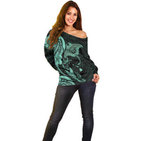 Hawaiian Manta Rays Off Shoulder Sweater Tribal Hibiscus Polynesian Tattoos Turquoise Color - Polynesian Pride
