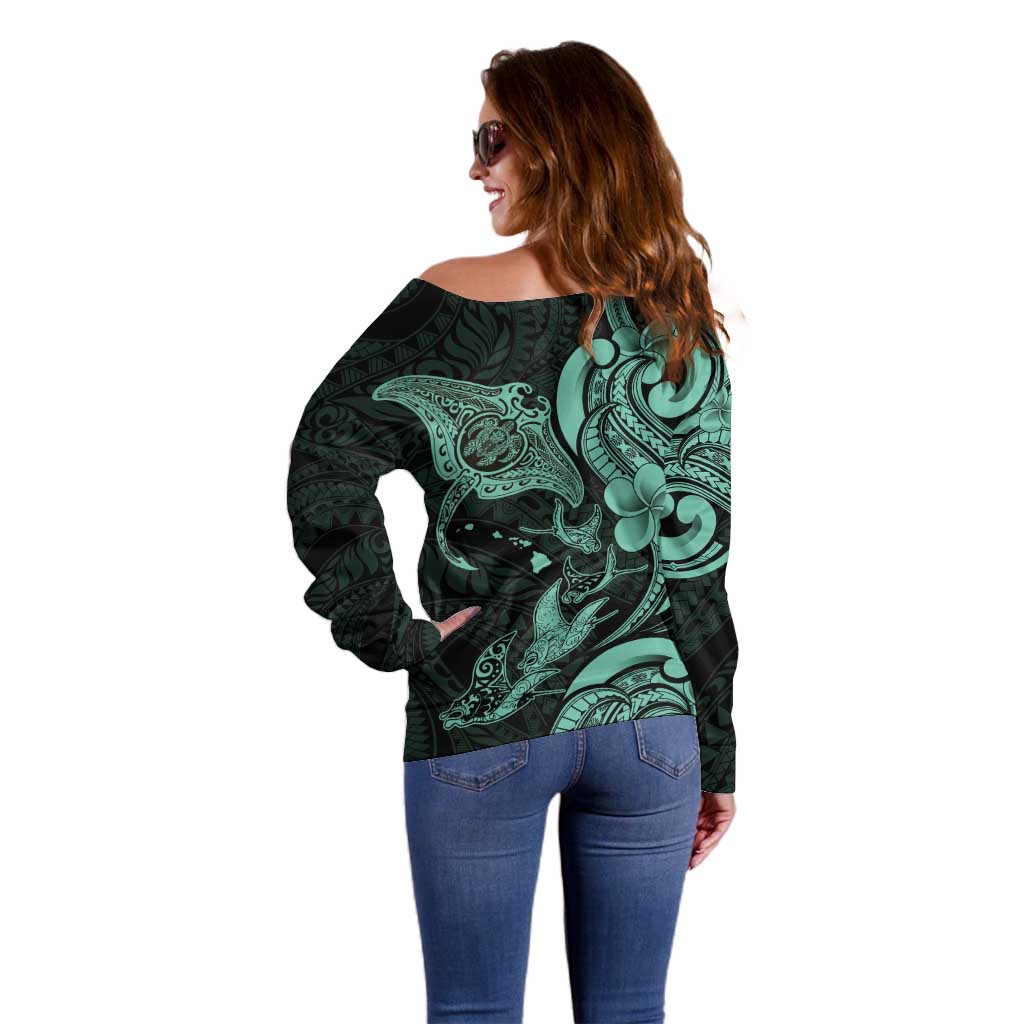 Hawaiian Manta Rays Off Shoulder Sweater Tribal Hibiscus Polynesian Tattoos Turquoise Color - Polynesian Pride