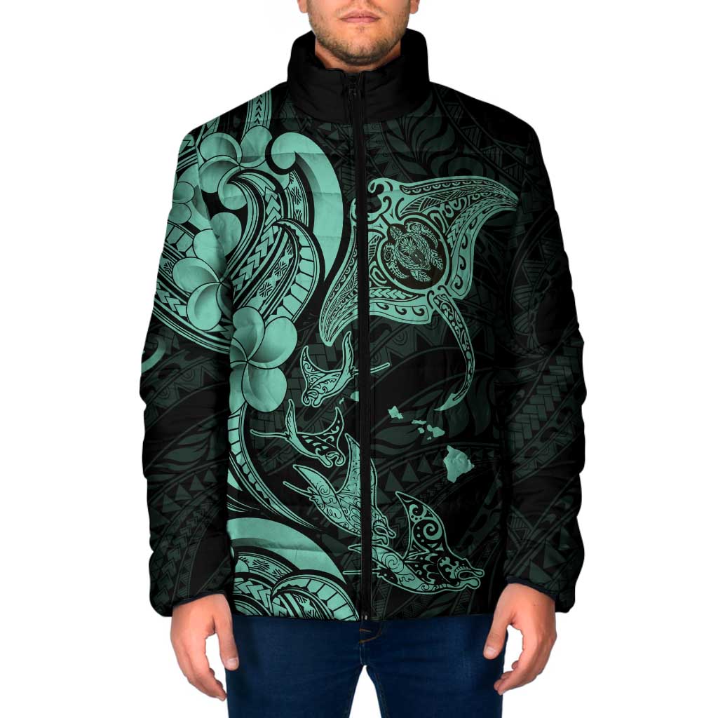 Hawaiian Manta Rays Padded Jacket Tribal Hibiscus Polynesian Tattoos Turquoise Color LT03 Men Turquoise - Polynesian Pride