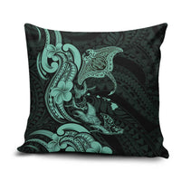 Hawaiian Manta Rays Pillow Cover Tribal Hibiscus Polynesian Tattoos Turquoise Color - Polynesian Pride