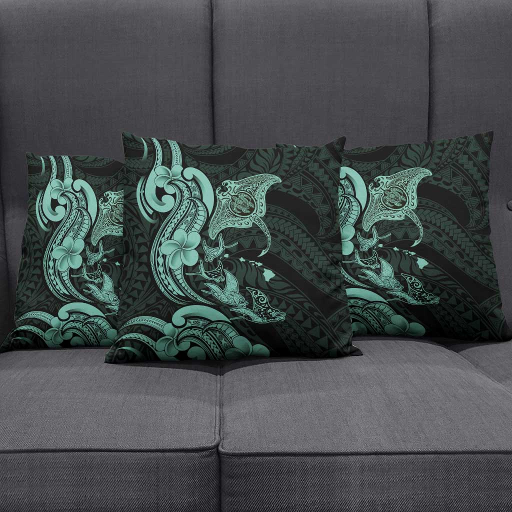 Hawaiian Manta Rays Pillow Cover Tribal Hibiscus Polynesian Tattoos Turquoise Color - Polynesian Pride