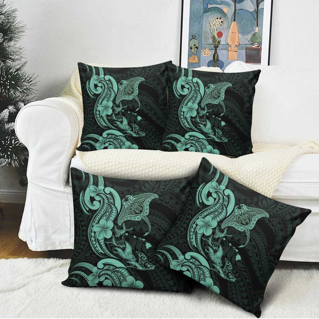 Hawaiian Manta Rays Pillow Cover Tribal Hibiscus Polynesian Tattoos Turquoise Color - Polynesian Pride