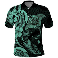 Hawaiian Manta Rays Polo Shirt Tribal Hibiscus Polynesian Tattoos Turquoise Color - Polynesian Pride