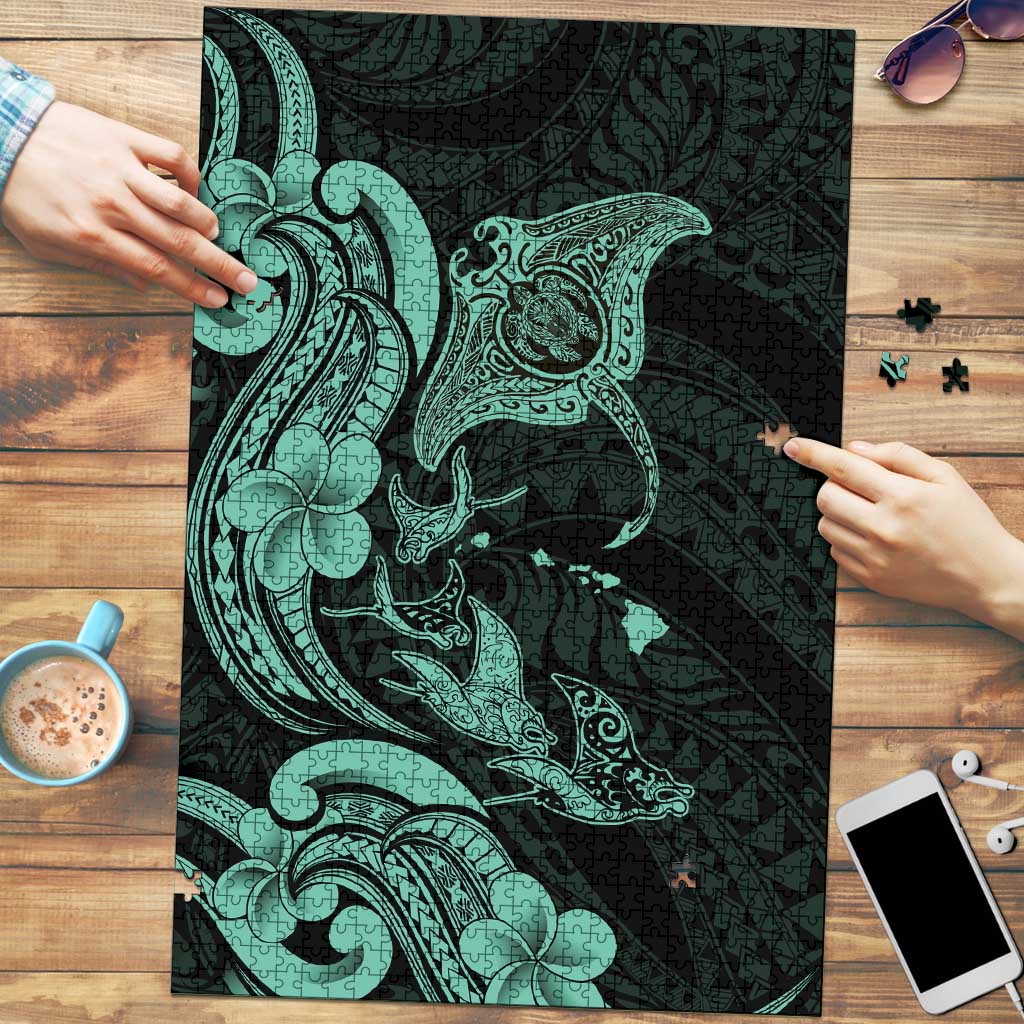 Hawaiian Manta Rays Puzzle Tribal Hibiscus Polynesian Tattoos Turquoise Color LT03 Turquoise - Polynesian Pride