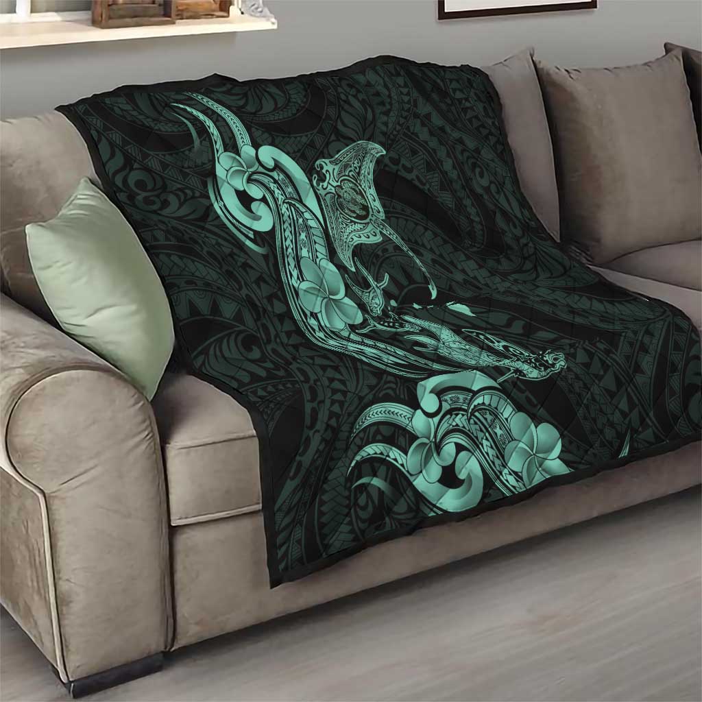 Hawaiian Manta Rays Quilt Tribal Hibiscus Polynesian Tattoos Turquoise Color - Polynesian Pride