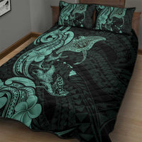 Hawaiian Manta Rays Quilt Bed Set Tribal Hibiscus Polynesian Tattoos Turquoise Color - Polynesian Pride