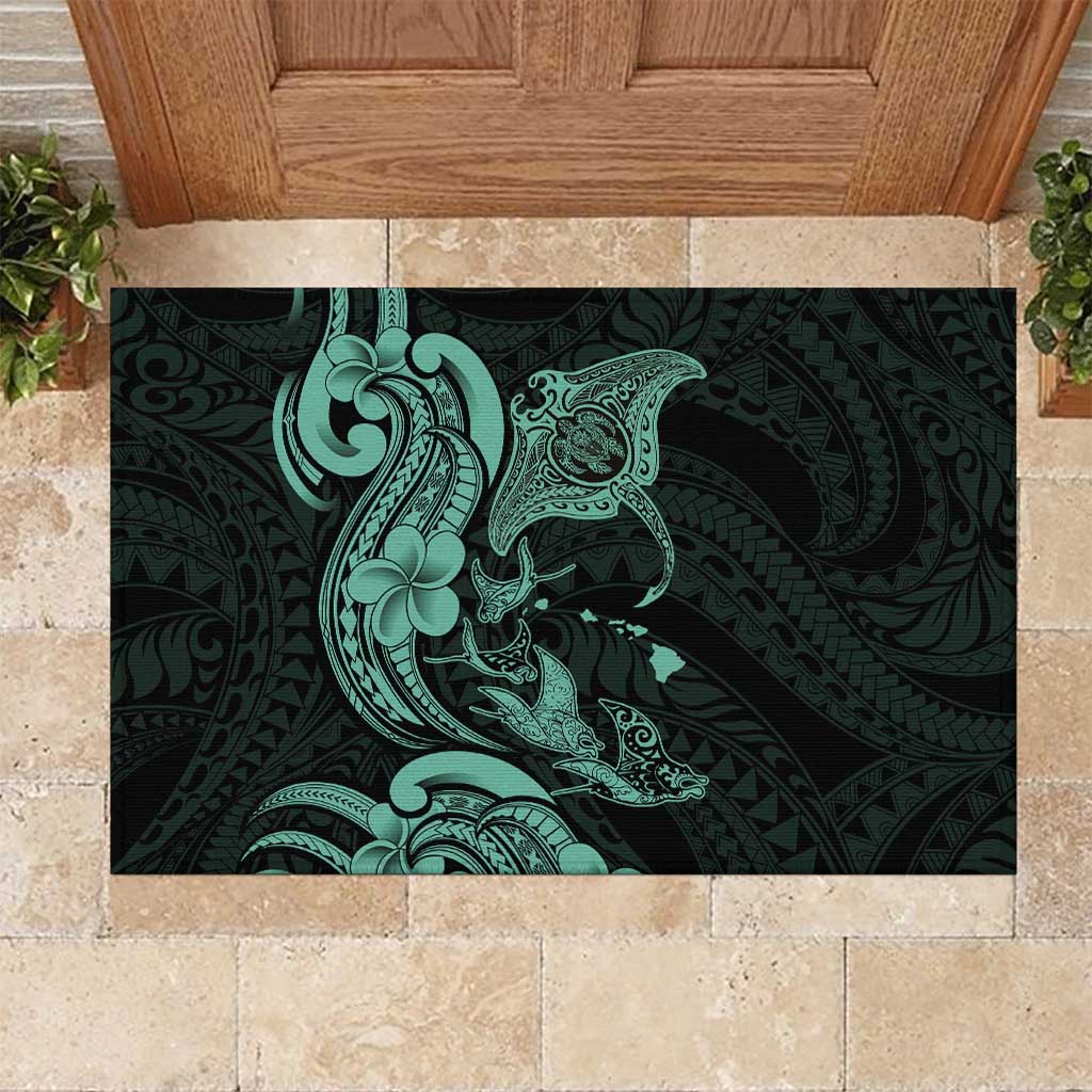Hawaiian Manta Rays Rubber Doormat Tribal Hibiscus Polynesian Tattoos Turquoise Color LT03 Turquoise - Polynesian Pride
