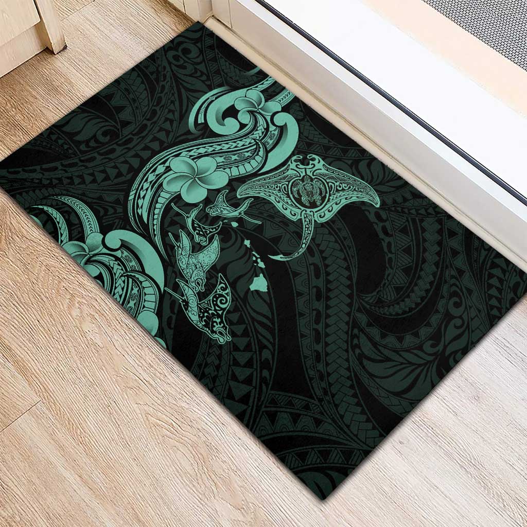 Hawaiian Manta Rays Rubber Doormat Tribal Hibiscus Polynesian Tattoos Turquoise Color - Polynesian Pride