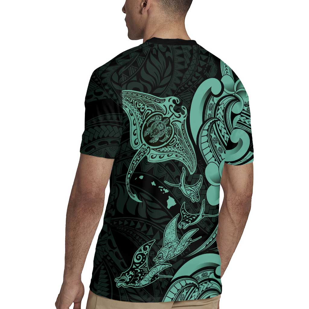 Hawaiian Manta Rays Rugby Jersey Tribal Hibiscus Polynesian Tattoos Turquoise Color - Polynesian Pride