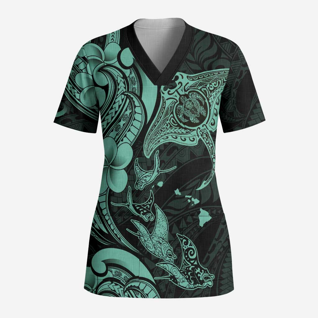 Hawaiian Manta Rays Scrub Top Tribal Hibiscus Polynesian Tattoos Turquoise Color LT03 Adult Turquoise - Polynesian Pride