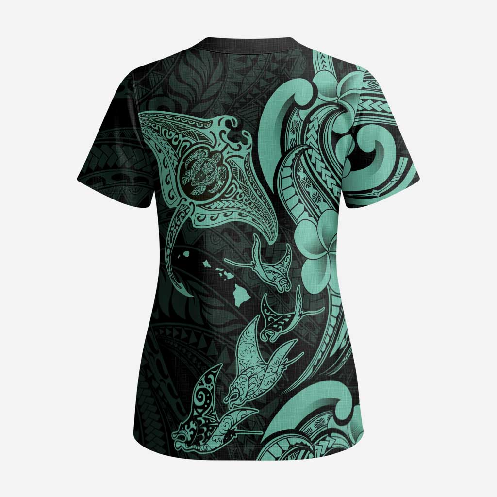 Hawaiian Manta Rays Scrub Top Tribal Hibiscus Polynesian Tattoos Turquoise Color - Polynesian Pride