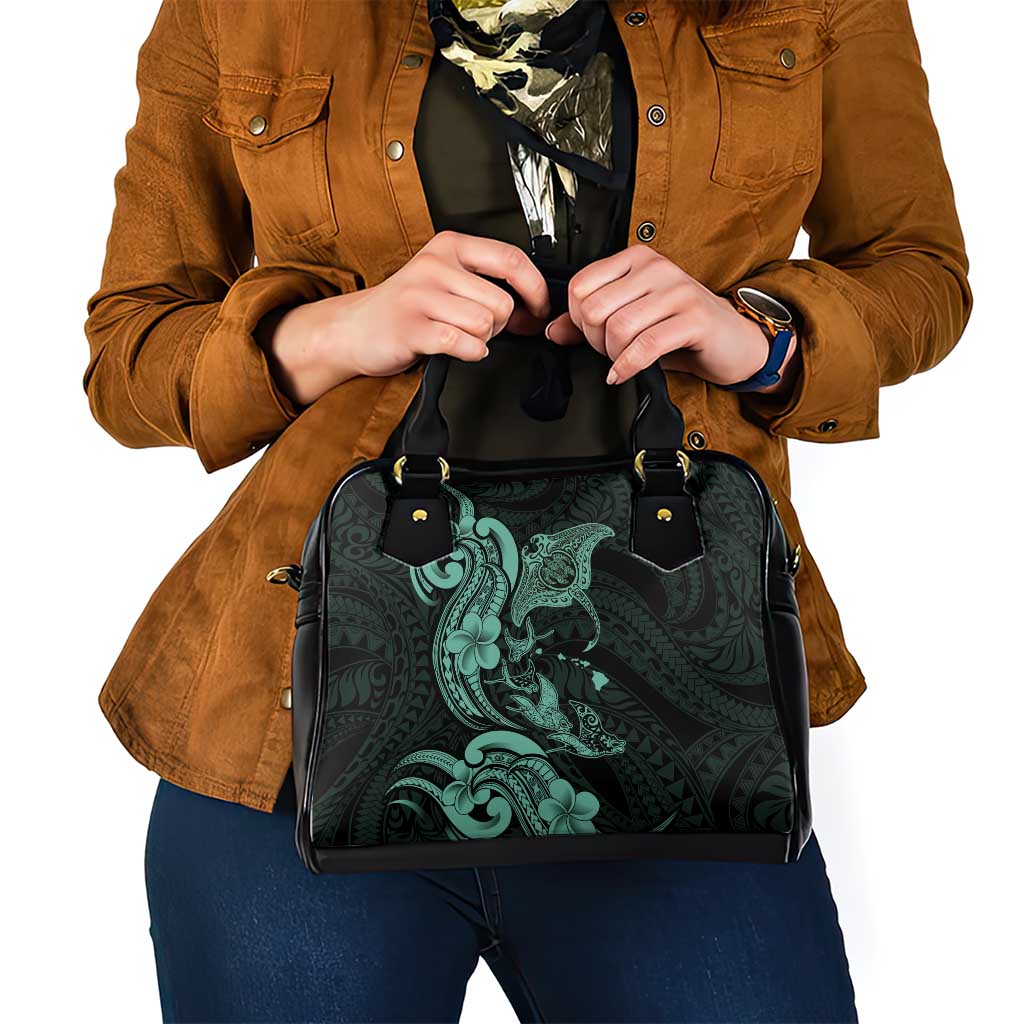 Hawaiian Manta Rays Shoulder Handbag Tribal Hibiscus Polynesian Tattoos Turquoise Color - Polynesian Pride