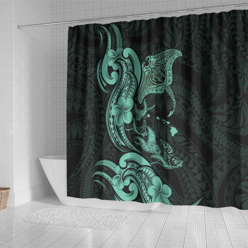 Hawaiian Manta Rays Shower Curtain Tribal Hibiscus Polynesian Tattoos Turquoise Color - Polynesian Pride