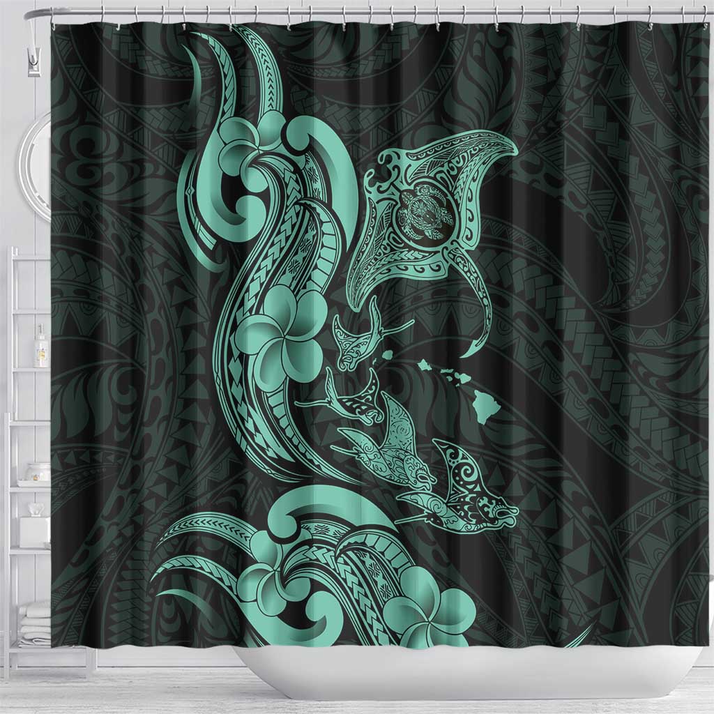 Hawaiian Manta Rays Shower Curtain Tribal Hibiscus Polynesian Tattoos Turquoise Color - Polynesian Pride