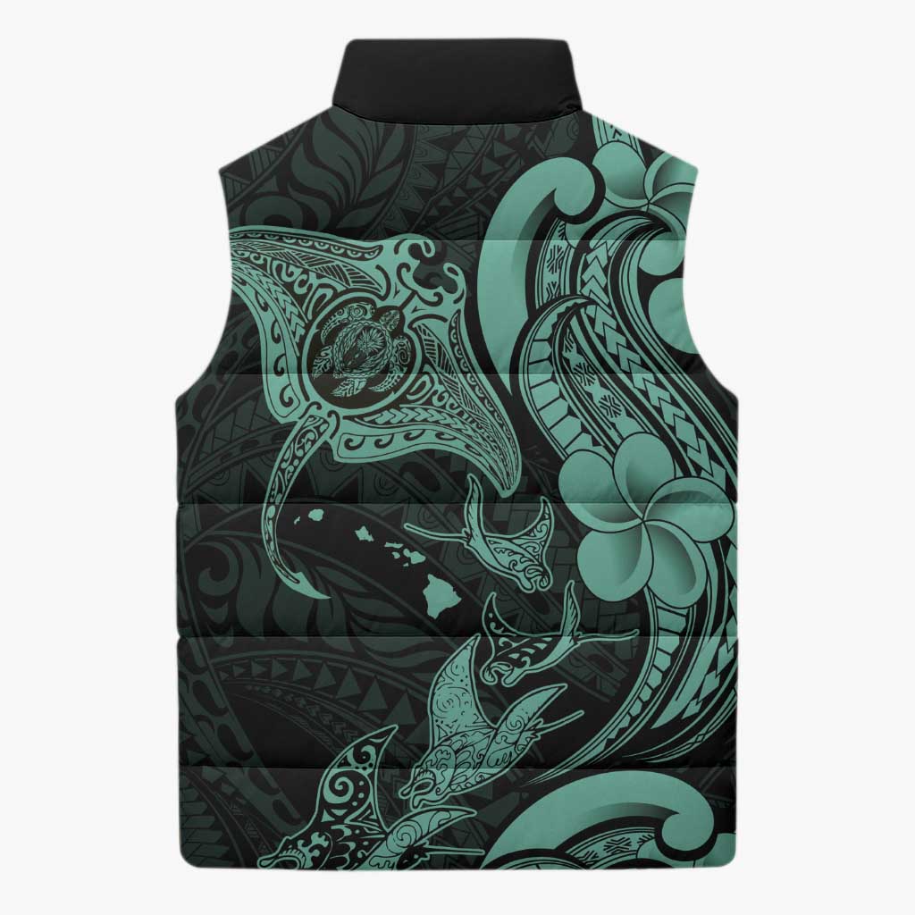Hawaiian Manta Rays Sleeveless Puffer Jacket Tribal Hibiscus Polynesian Tattoos Turquoise Color - Polynesian Pride