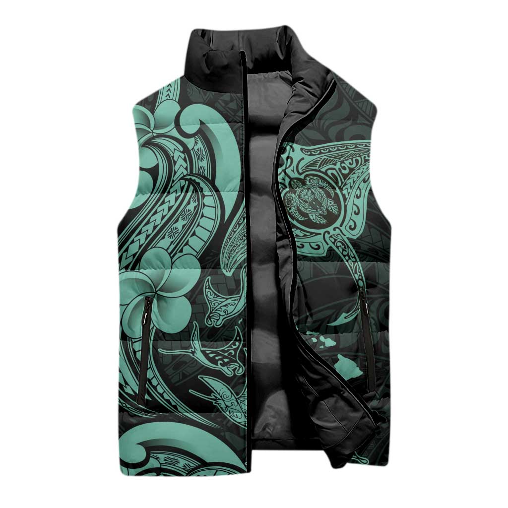 Hawaiian Manta Rays Sleeveless Puffer Jacket Tribal Hibiscus Polynesian Tattoos Turquoise Color - Polynesian Pride