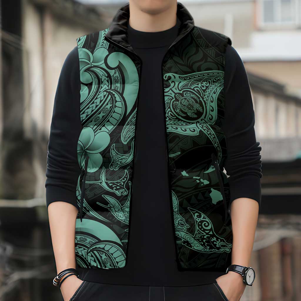 Hawaiian Manta Rays Sleeveless Puffer Jacket Tribal Hibiscus Polynesian Tattoos Turquoise Color - Polynesian Pride