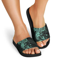 Hawaiian Manta Rays Slide Sandals Tribal Hibiscus Polynesian Tattoos Turquoise Color - Polynesian Pride