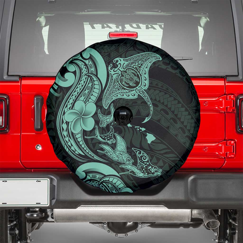 Hawaiian Manta Rays Spare Tire Cover Tribal Hibiscus Polynesian Tattoos Turquoise Color - Polynesian Pride